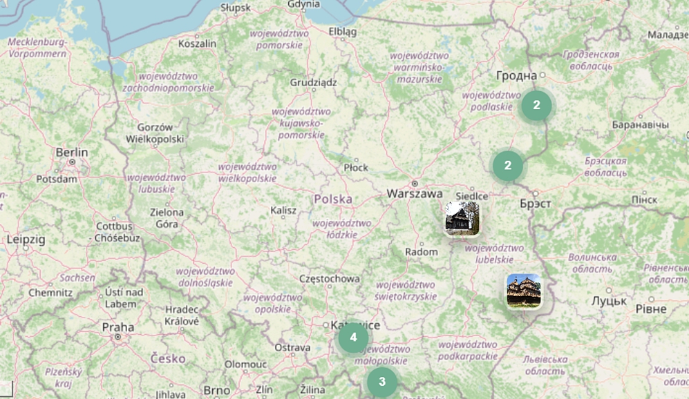 Mapa z obiektami architektury drewnianej