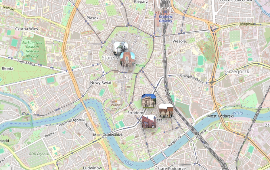 Mapa z świątyniami Krakowa