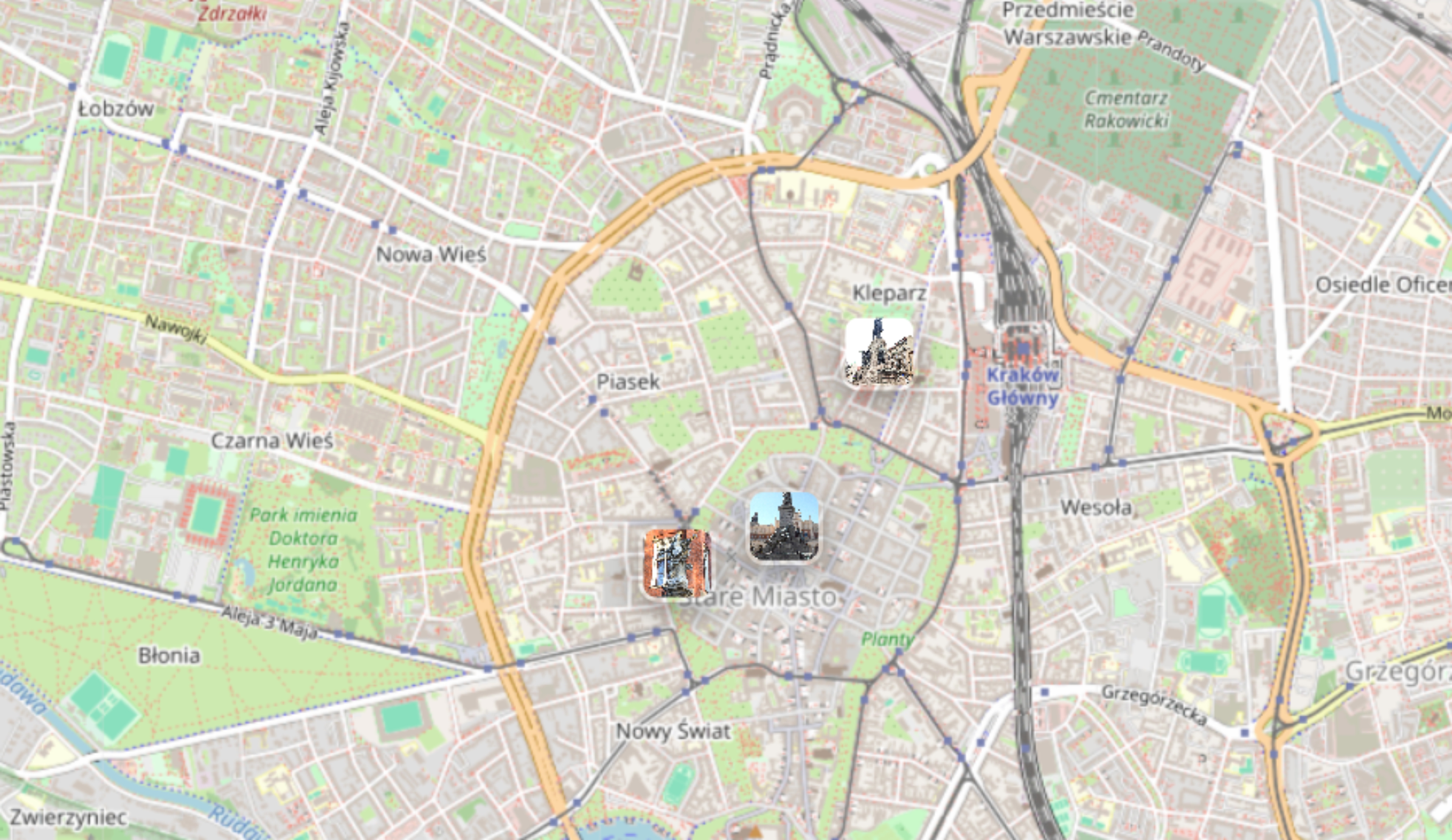 Mapa z pomnikami Krakowa